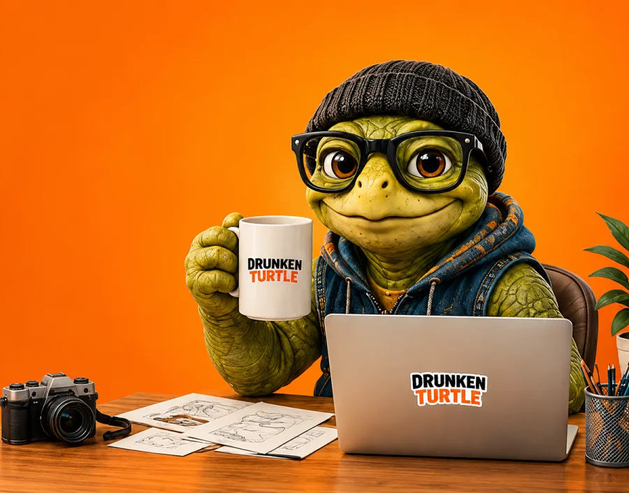 Drunken Turtle mascot working at a creative studio desk