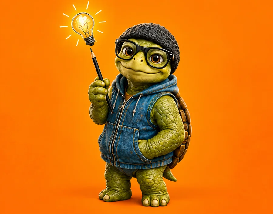 Drunken Turtle mascot presenting a bright idea